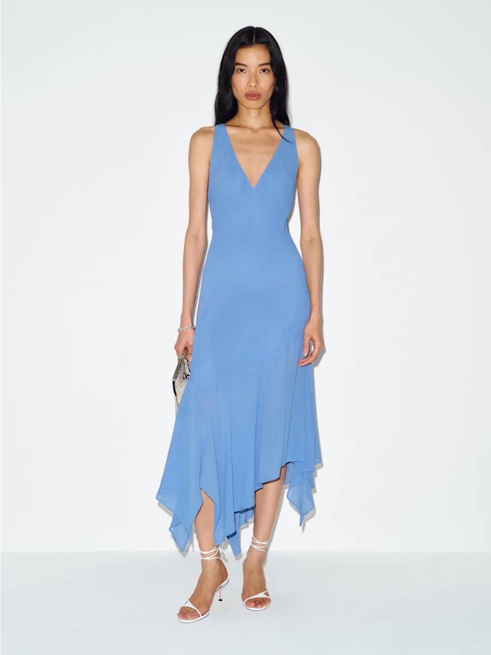 Reformation Marysia Periwinkle V-Neck Asymmetric Midi Dress